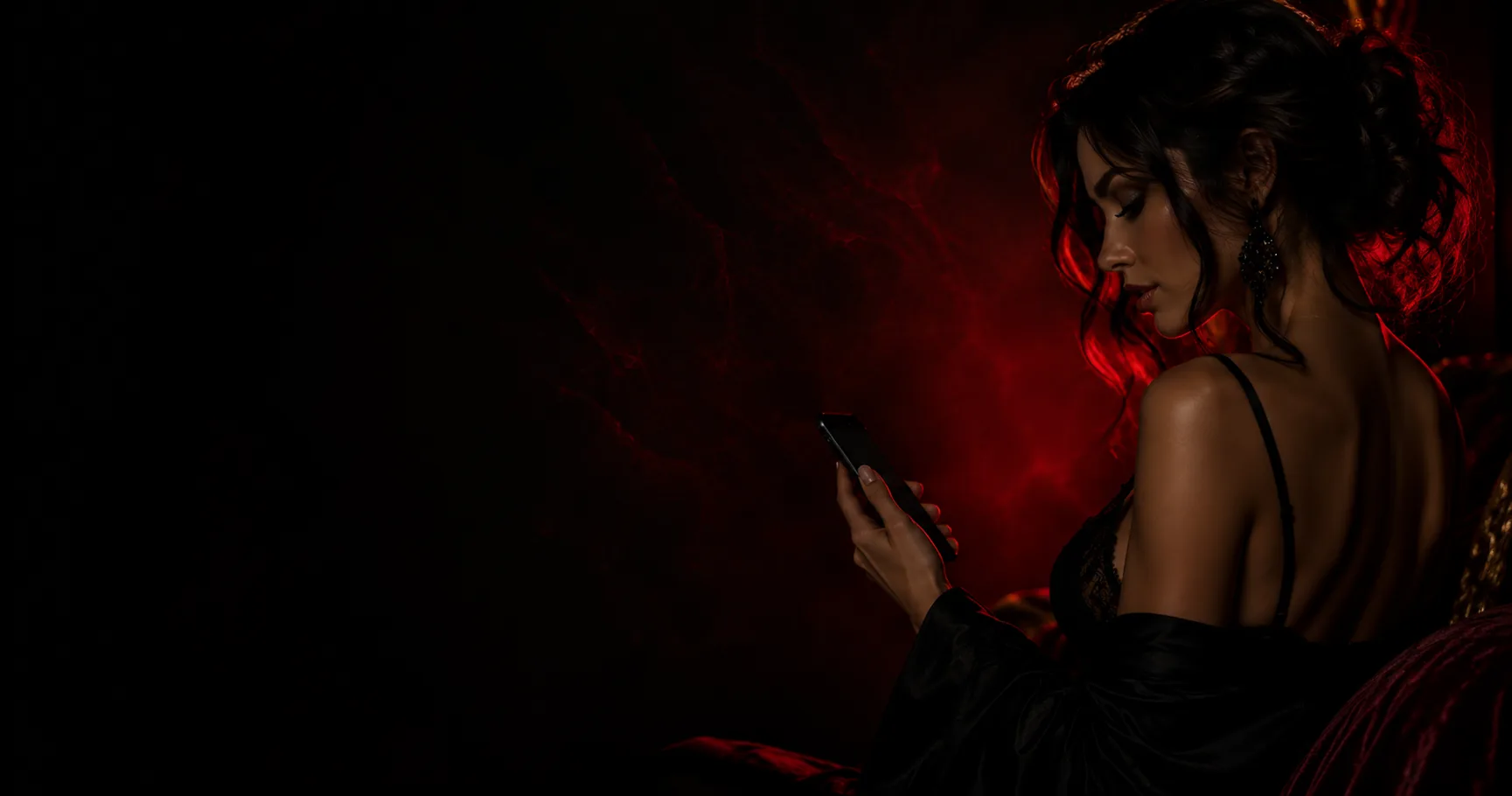 Hôtesse de téléphone rose dans une ambiance intime aux lueurs rouges